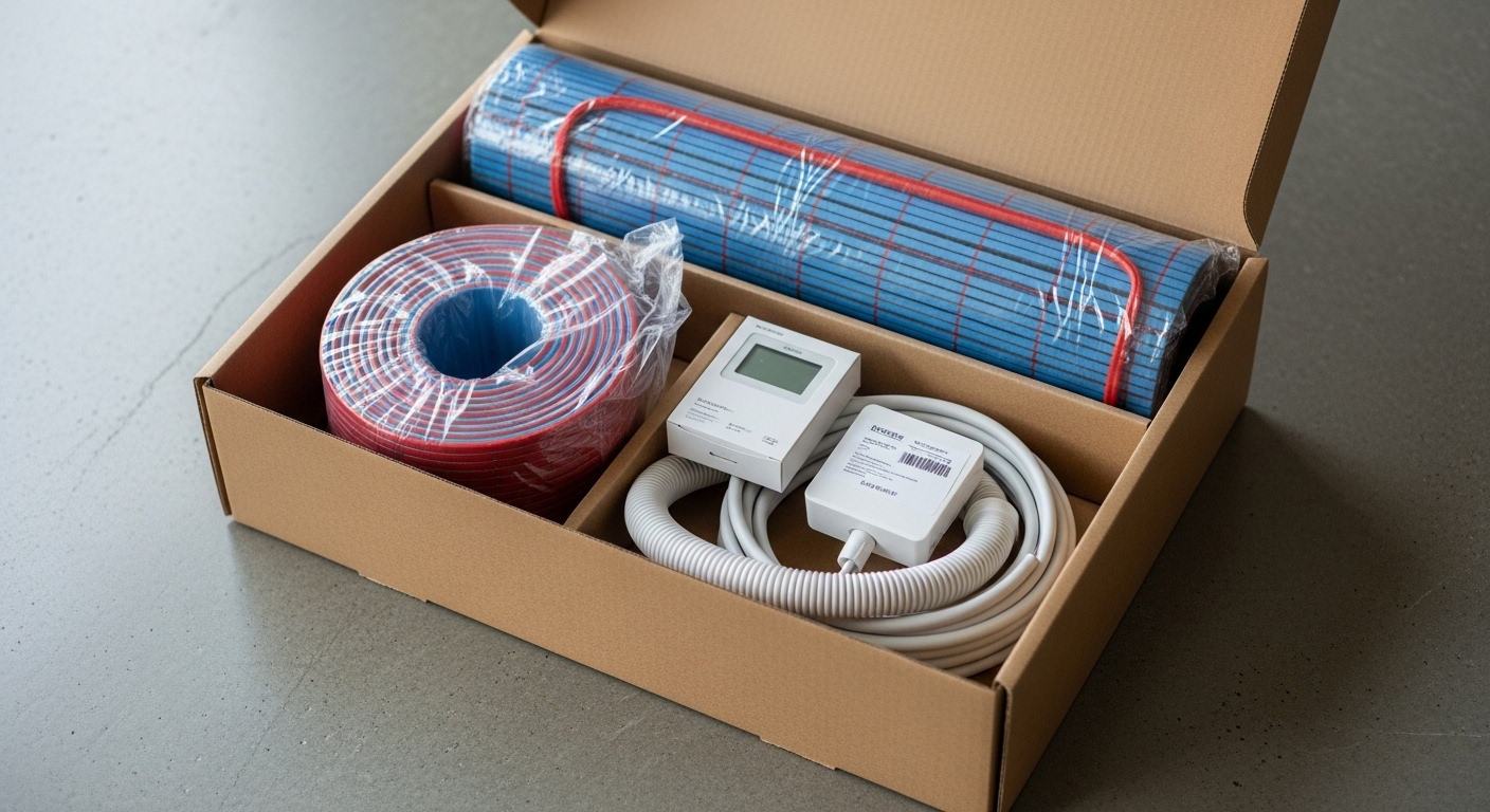 A cardboard box on a smooth concrete floor, containing a packaged underfloor heating kit.