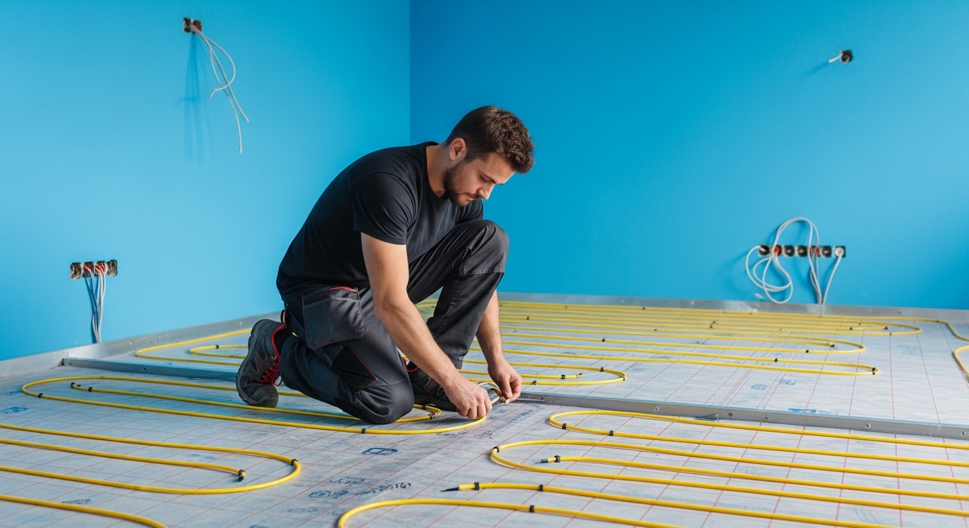 A man installing underfloor heating system