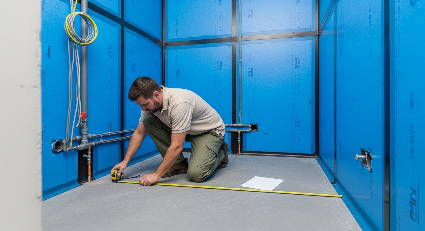 A man is kneeling on a gray concrete floor inside a small room with bright blue waterproofed walls.