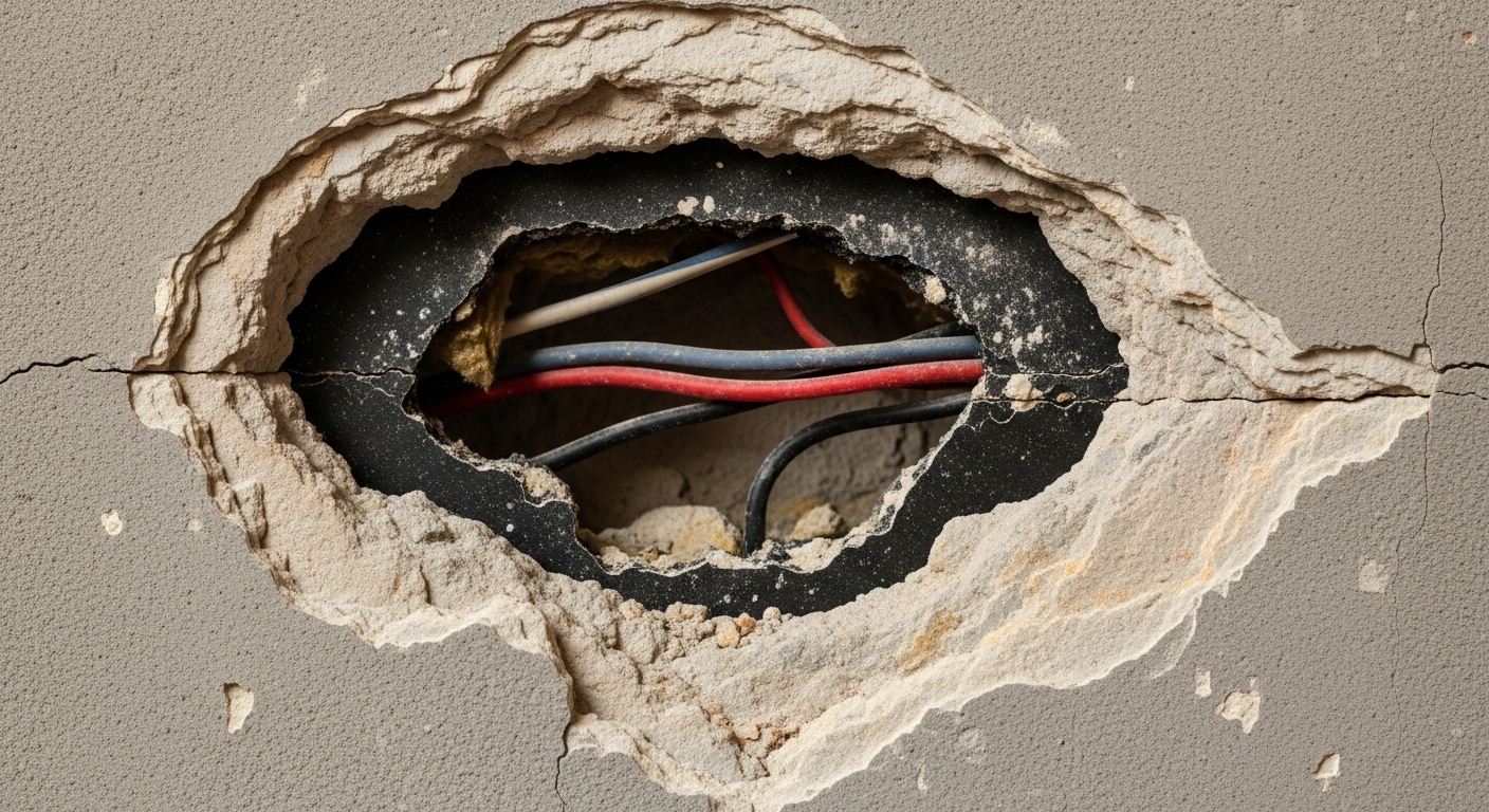 A close-up view of a damaged plaster wall with a large hole exposing inner materials